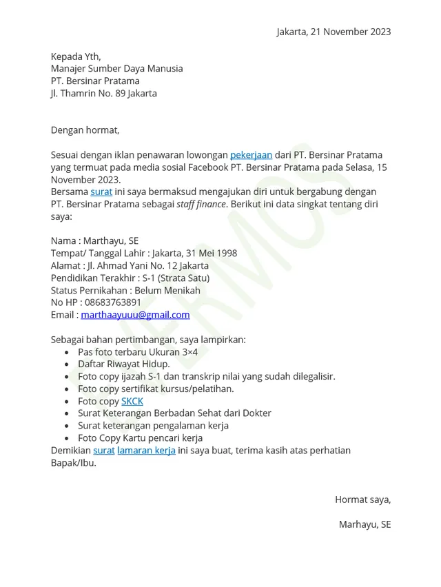 7 Contoh Surat Lamaran Kerja Berdasarkan Informasi di Media Sosial