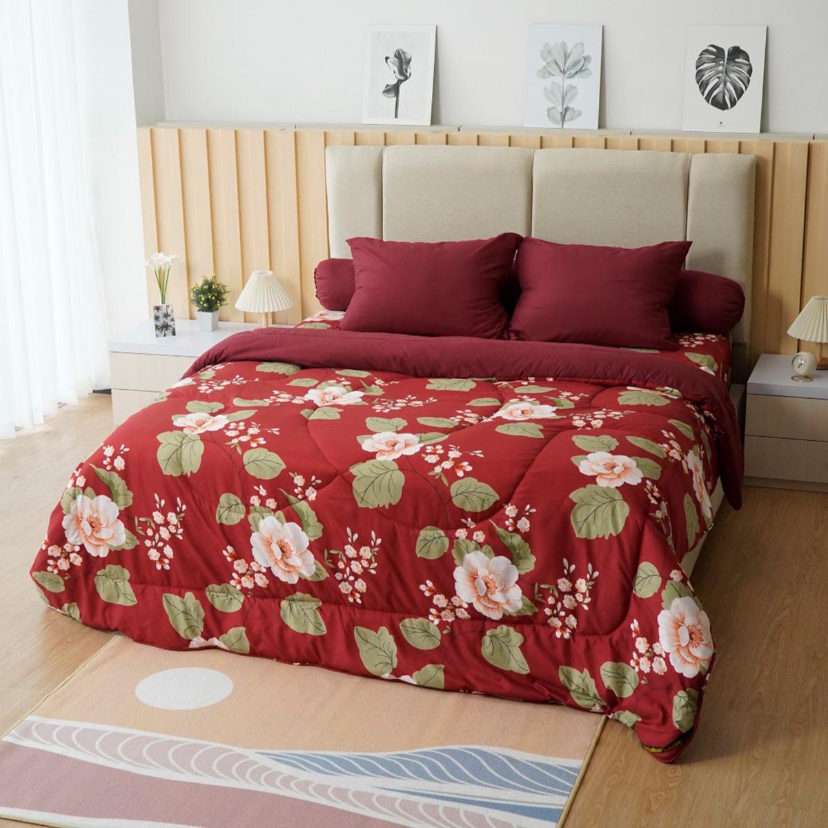 Kintakun - Bedcover Set Sprei Dluxe Aini Bunga Merah 160 x 200 Queen Flat